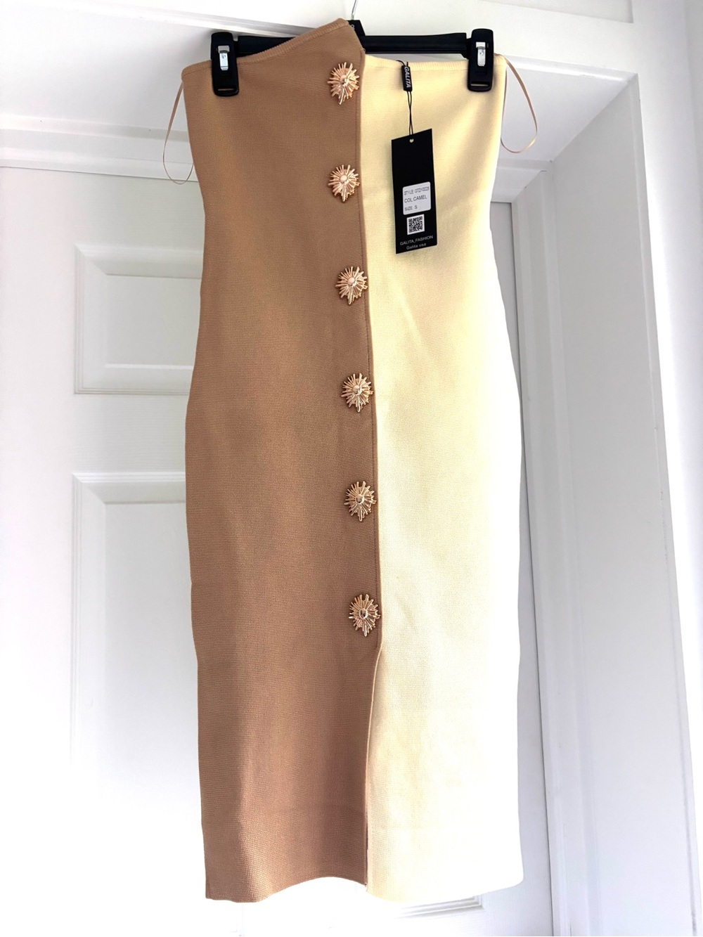 Two-Tone Strapless Midi Dress in Beige and Cream - Picture 2 of 7